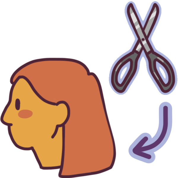 a person’s head in profile, and a pair of scissors pointing to the hair. the hair is straight and long.